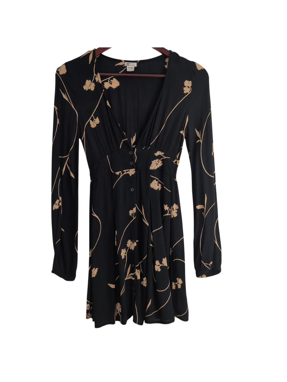 Billabong Black Beige Your Love Floral Long Sleeve Button-Up  Mini Dress XS